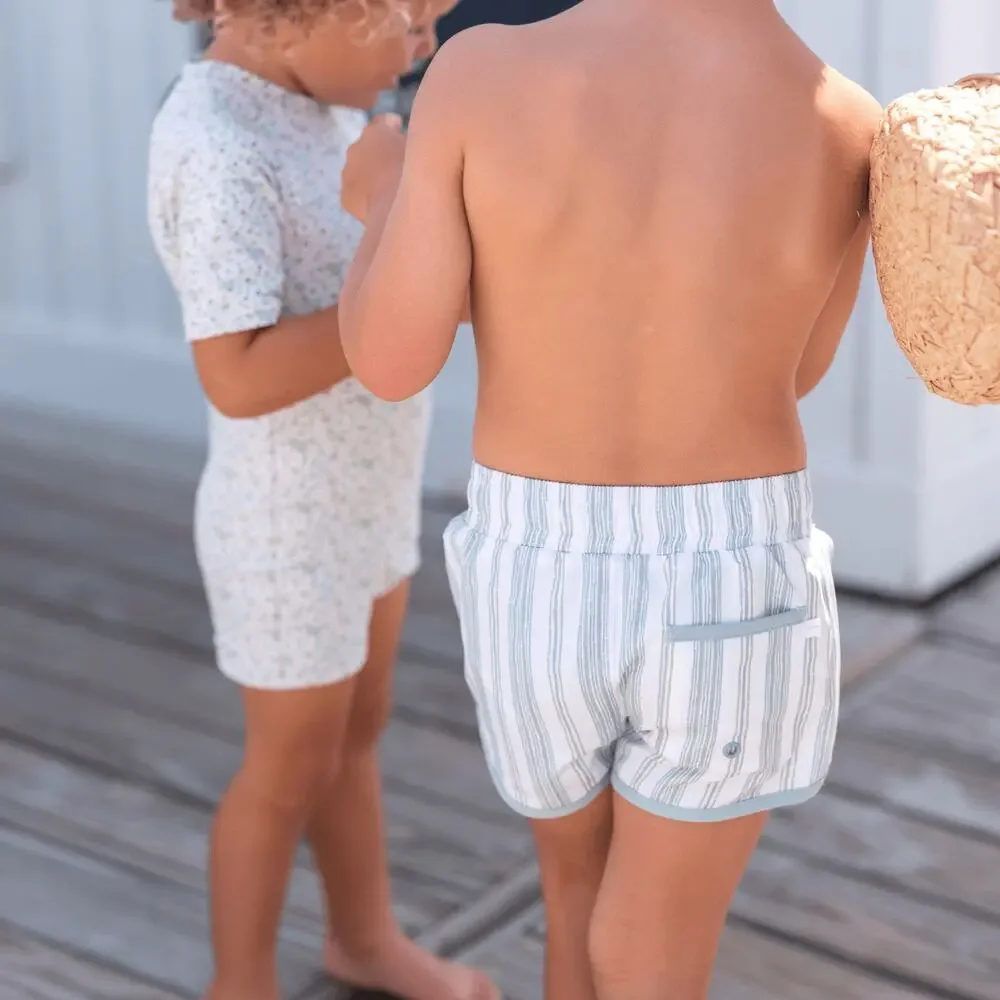 Kids Striped Green Swim Trunks